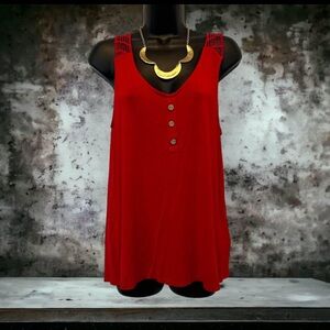 Maurices Red Crochet Back Henley‎ Tank Top Sleeveless V-Neck Rayon Blend Small